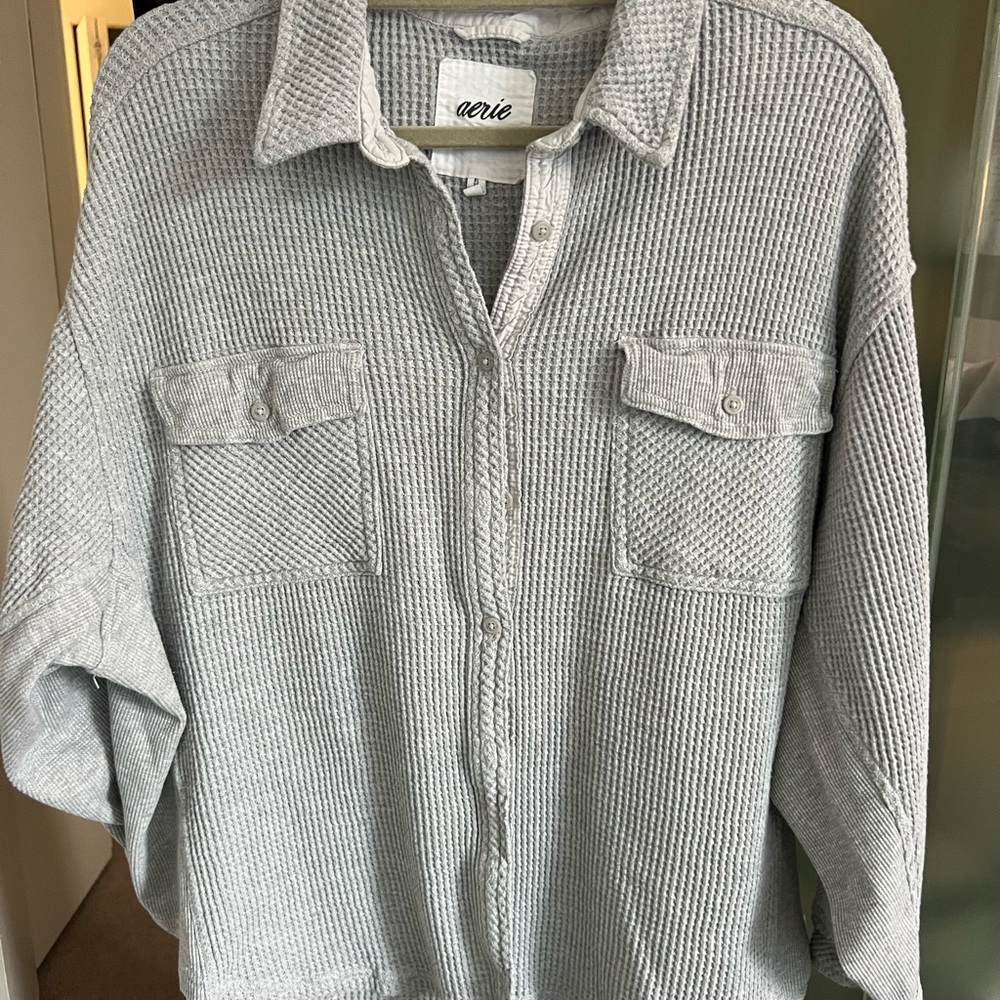 Aerie Gray Waffle Knit Button-Up Shirt